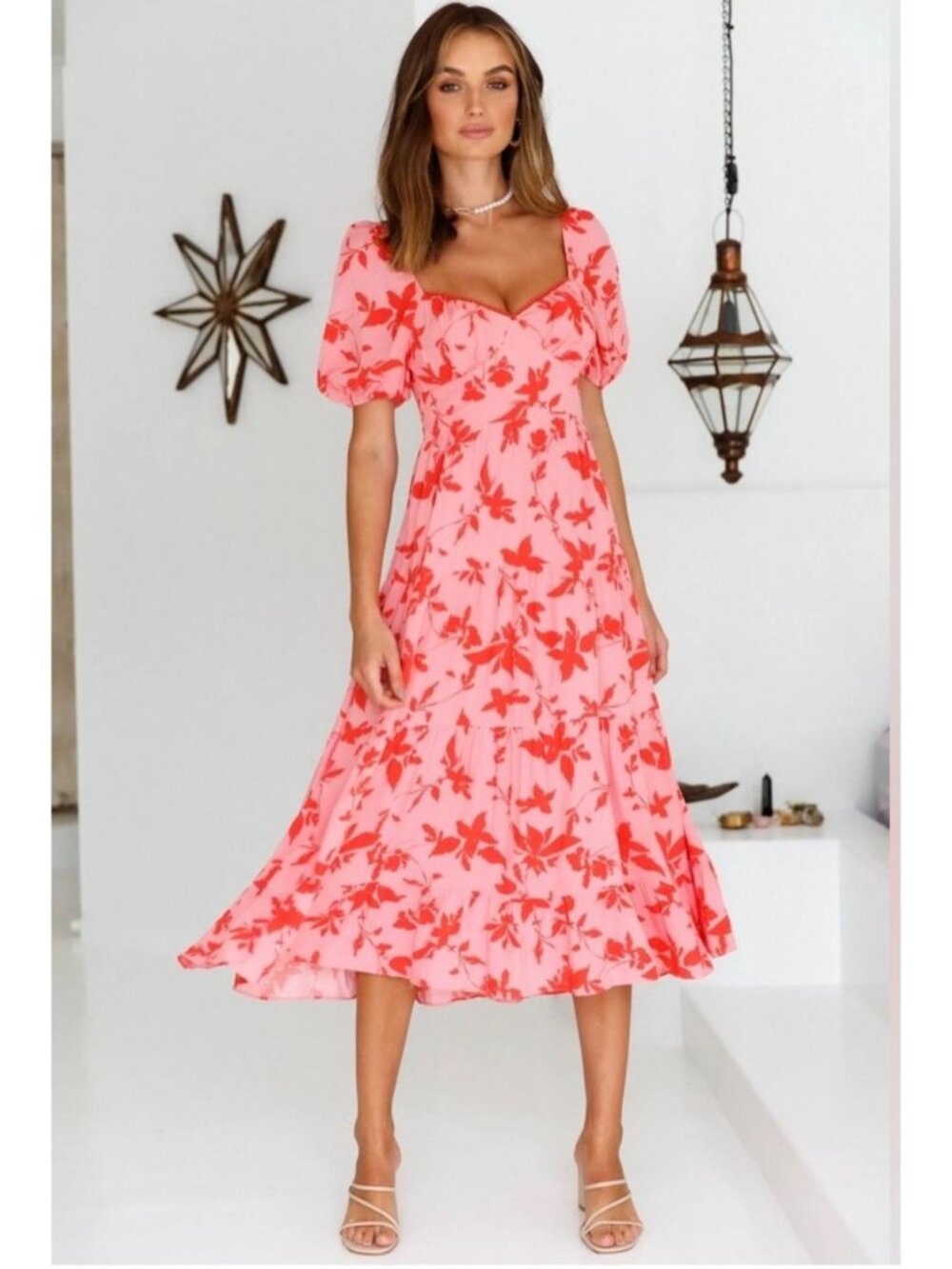 Hello Molly Pink Floral Tiered Midi Dress With US 8 / Large